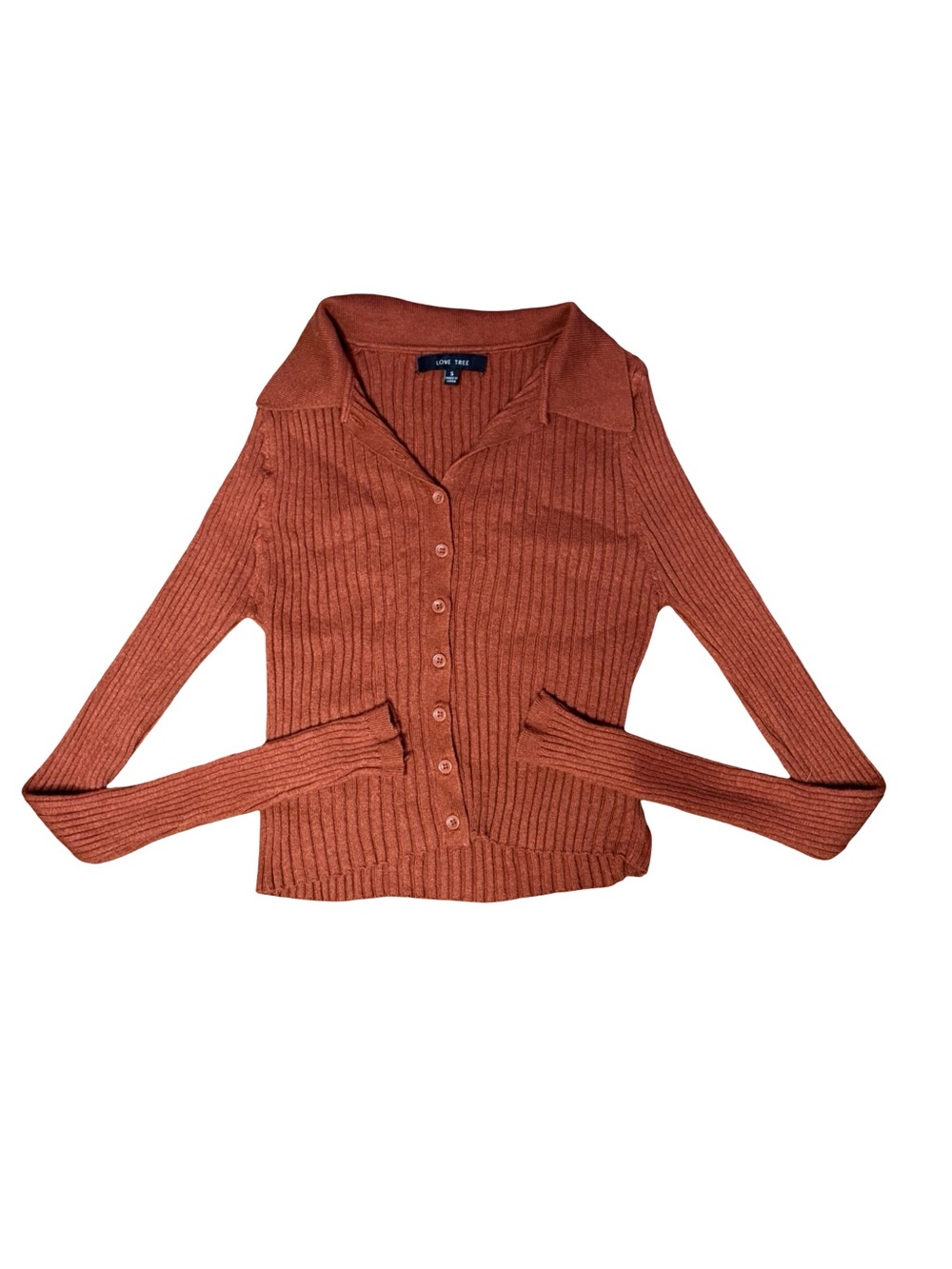 Love Tree Brown Ribbed Collared Button-Up Top